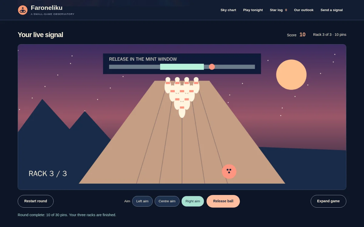 Actual Aurora Tenpin gameplay captured in the browser