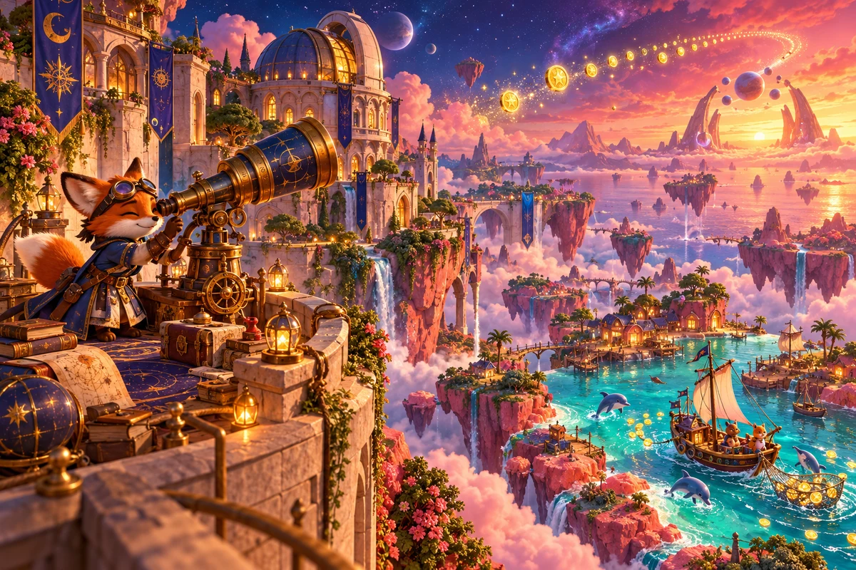 A fox astronomer overlooking floating islands and a sunset lagoon